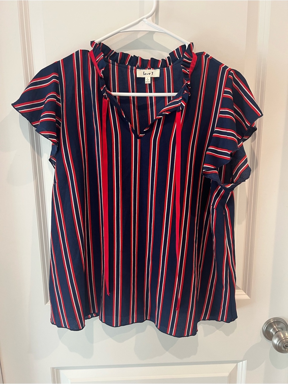 Love J Navy Red Vertical Stripe Ruffle Blouse Size Large